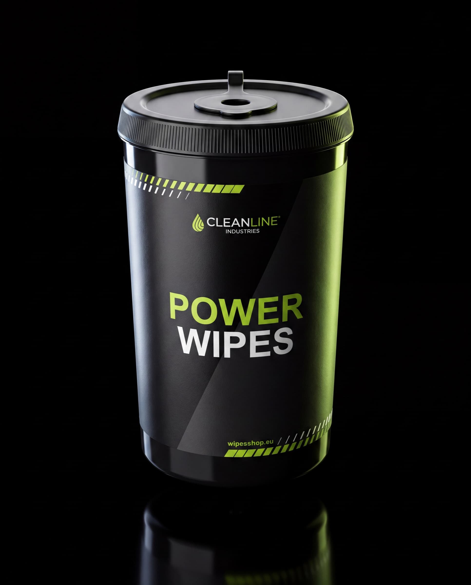 Bus Power Wipes van Cleanline Industries, mat zwart met limoengroene opdruk